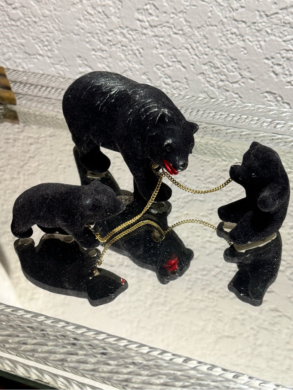 Vintage Atlas Japan Fuzzy and Hand Painted Black Bear and Cubs